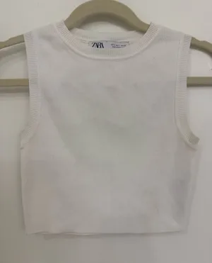 Zara Cream Ribbed Cropped Crew Neck Top Size Small thumbnail 1