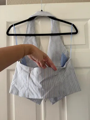 BNWT Zara Blue, Cream & Brown Striped Collared Vest Halter Top thumbnail 10