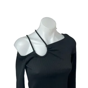 Oak + Fort Women's Black Ribbed Off Shoulder Long Sleeve Crop Tee T-Shirt Top XS thumbnail 3