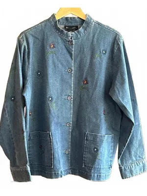 Denim & Co Womens Denim Jacket Size L Button Up Embroidered Flowers Boho thumbnail 1