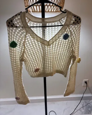 wild fable Cream Open-Knit V-Neck Sweater with Multi-Color Floral Appliqués thumbnail 1