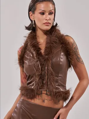 Faux Leather Brown Fur-Trim Vest thumbnail 3
