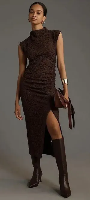 NWT!! ANTHROPOLOGIE Maya Ruched Cowl Neck Textured Midi Dress Chocolate Large thumbnail 1