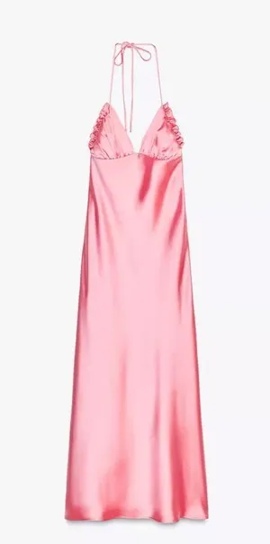 Zara Maxi dress Pink Satin ruffle bodycon party wedding summer evening thumbnail 10