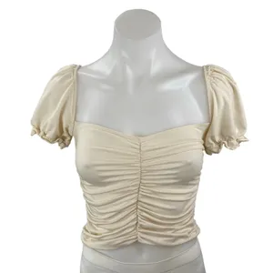 Reformation Fallow Womens Cream Ruched Puff Sleeve Square Neck Crop Blouse Top S thumbnail 1