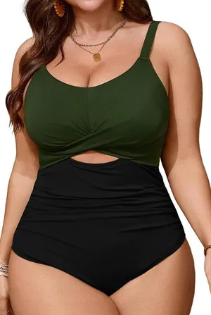 Women's Plus Size One Piece Swimsuit Bathing Suit Tummy Control Cutout Front NEW thumbnail 1