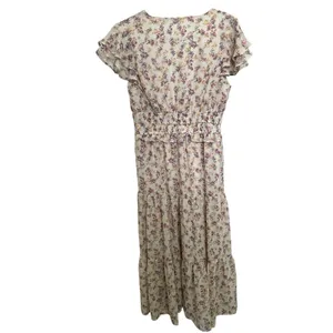 Boho Floral Tiered Maxi Dress V-Neck Smocked Waist Cream SzM Perfect for Fall! thumbnail 7