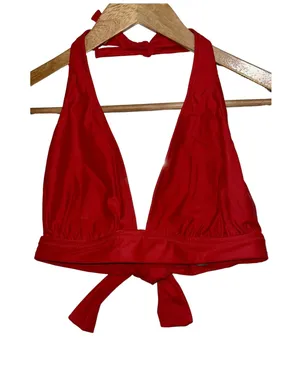 NWT J. Crew DD Halter Tie-Back Bikini Top With Mesh BY633 Bright Cerise Red Sz L thumbnail 1