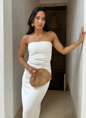Zara dress bodycon strapless sleeveless tailored midi white wedding party thumbnail 1