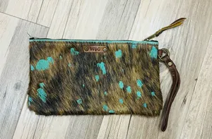 Cowhide Leather Wristlet Clutch W&G Hair Hide Turquoise Acid Wash wristlit purse thumbnail 1