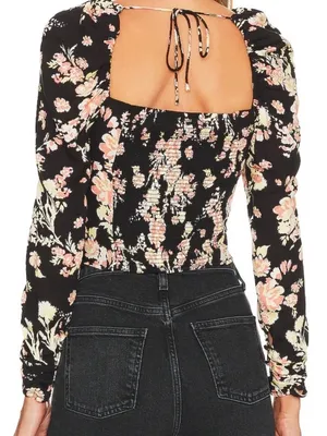 Free People Black Boho Floral Print Long Sleeve W/ Smock Detail Viscose Top NWT thumbnail 4
