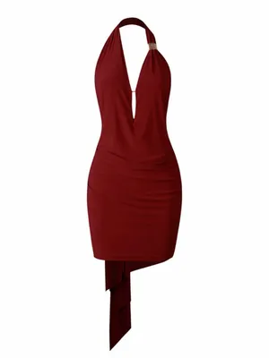 Asymmetrical Halter Deep Burgundy Cocktail Dress thumbnail 6