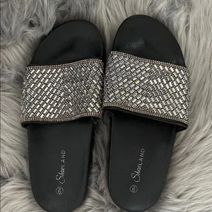 NWOT Shoeland Black Slide Sandals with Silver Beaded Strap sz 9 thumbnail 1