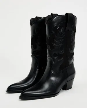Zara Black faux Leather style Western cowboy ankle heeled Boots thumbnail 1