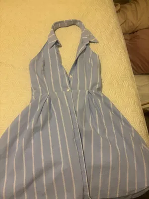 Lulus Posh Beauty Light Blue Striped Collared Halter Mini Skater Dress thumbnail 4