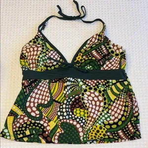 MERONA Tankini Halter Swimsuit Top Size LARGE Colorful Print Green Yellow thumbnail 1