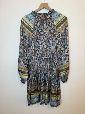 Current Air Bohemian Paisley Floral Printed Pleated Long Sleeve Mini Dress thumbnail 7