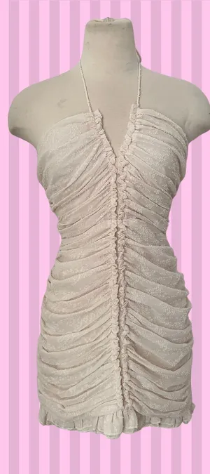 Miou muse ruched ruffle halter neck mini dress off white cream textured coquette thumbnail 1