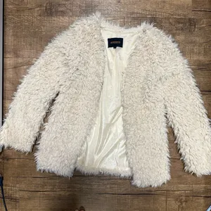 Cream Beige Fluffy Shaggy Open Front Faux Fur Cropped Jacket S thumbnail 4