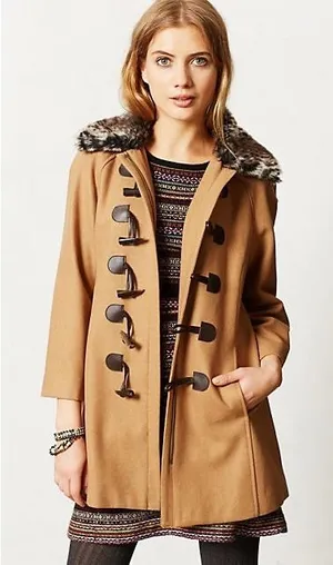 Anthropologie ELEVENSES‎ Melton Wool Toggle Coat Leopard Fur Collar Size 2 thumbnail 1