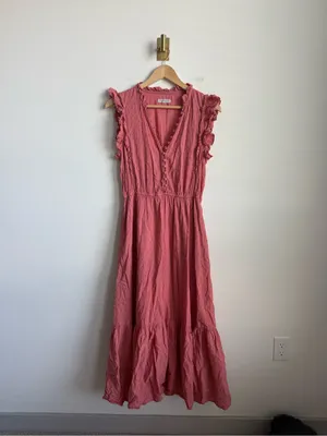 Outerknown Organic Cotton Coral Ruffle Tiered Midi Maxi Dress Medium thumbnail 4
