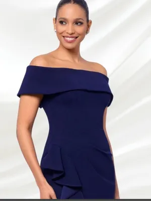 Betsy Adam Navy One-Shoulder Ruffle Sheath Dress thumbnail 7