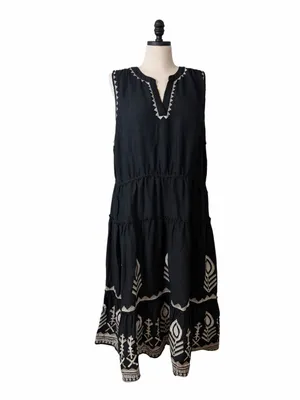 Soft Surroundings Embroidered Tiered Midi Dress Size 2X Linen Blend Belted Black thumbnail 3