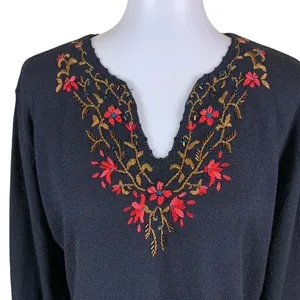 Curio Black Embroidered Floral Sweater‎ Large Vintage Boho Cottagecore thumbnail 3