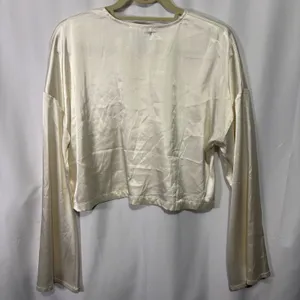 12th Tribe Women’s Top Blouse Satin Bell Sleeve Button Front Ivory Cream Large thumbnail 9