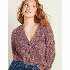 Old Navy‎ Marled Pointelle Knit V Neck Crop Cardigan Sweater Burgundy Red Small thumbnail 2