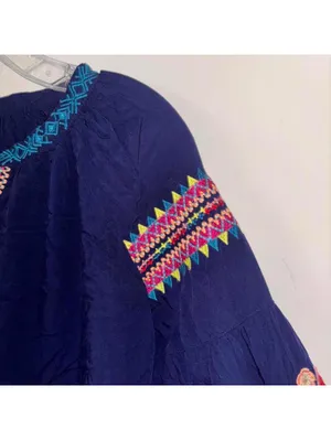 Solitaire Blue V Neck Boho Floral Embroidered Long Sleeve Blouse Tunic thumbnail 3