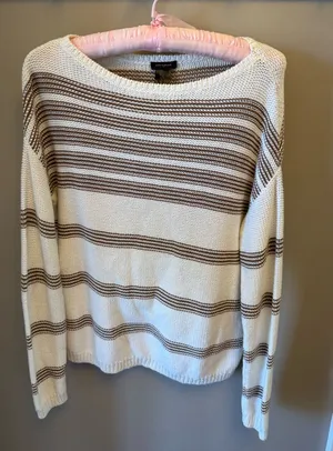 The Ann Taylor Brown White Striped Knit Pullover Sweater-S thumbnail 1