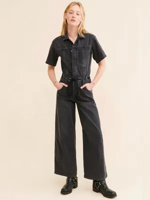 NWT Free People Edison Wide Leg Coverall Moxie Black Denim Jumpsuit XL thumbnail 2