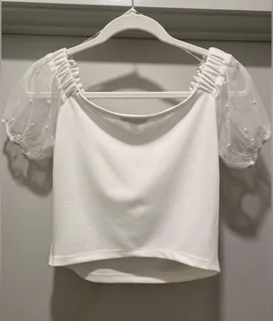 White Blouse Crop Top With Mesh & Pearl Detail Puff Sleeves - M thumbnail 13