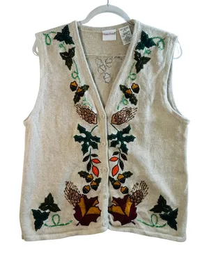 Vtg Bobbie Brooks Sweater Vest Embroidered Fall Harvest Acorn Nature Ramie Tan L thumbnail 1