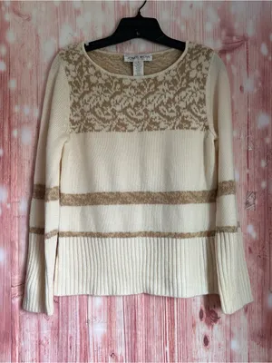 Vintage Jones Wear Cream Crewneck Tan Floral Print Striped Sweater Size M thumbnail 1