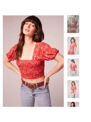 Band of Gypsies NWT Red Floral Smocked Crop Top Short Sleeve Size M thumbnail 2