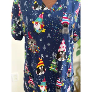 Christmas Scrub Top Gnomes Dogs Holiday Print Women's Medium Nurse Uniform‎ thumbnail 2
