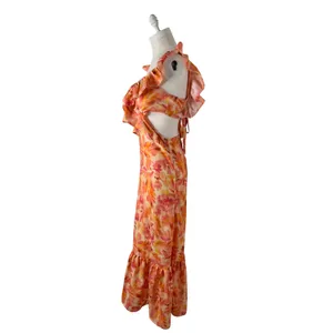 Micas Floral Ruffle Cut Out Maxi Dress Orange Pink Watercolor Size M NWT thumbnail 3