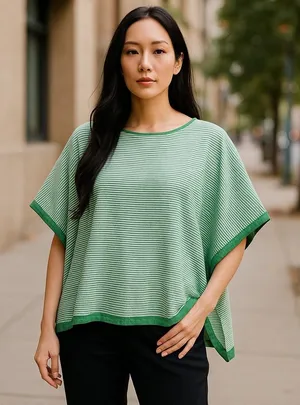 Talbots Womens Green White Striped‎ Knit Poncho L/XL thumbnail 1