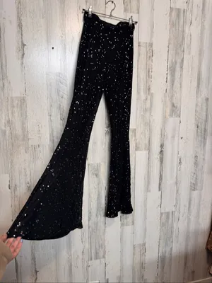 Pretty Little Thing Rhinestone Sheer Mesh Flare Pants Womens Small Black High Waist Bell Bottoms thumbnail 5