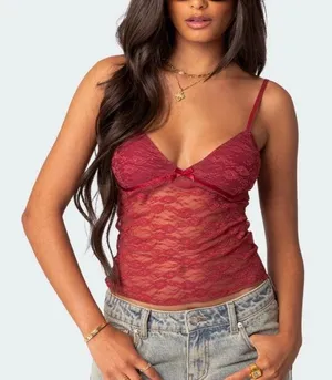 Edikted Size Large Red Eira Sheer Lace Tank Top Cami NEW thumbnail 1