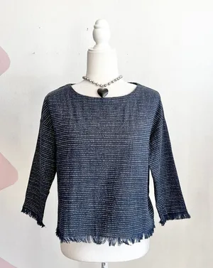 Anthropologie Blue Fringe Top Boho Artisan Minimalist Sustainable XS thumbnail 1