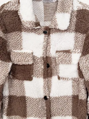 Miss Sparkling Brown Plaid Sherpa Shacket Oversized Longline Teddy Fleece Jacket thumbnail 3