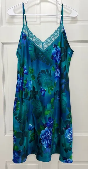 Y2K Tropical Floral & Monstera Leaf Print Satin Slip Dress - Size Large thumbnail 1