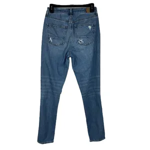 American Eagle SZ 4 LONG Mom Jeans Hi-Rise Distressed Rip Zip-Fly Whiskered Blue thumbnail 4