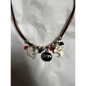 Halloween Ghost Boo Charm Necklace Black Orange Faux Suede‎ Cord 17 Inch thumbnail 2
