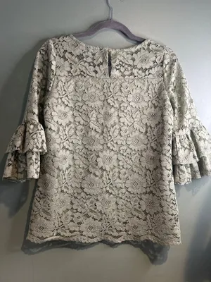 FIGS Sage Green Lace Bell Sleeve Blouse Cottagecore Boho Romantic Sheer Size M thumbnail 5