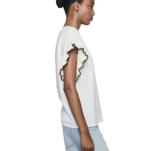 ZARA Trimmed T-Shirt White Top Gold Black Knit Cap Sleeve Ruffle Crew Neck Small thumbnail 6