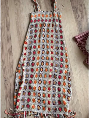 Zara Beige Crochet Midi Dress with Orange & Brown Motif thumbnail 2